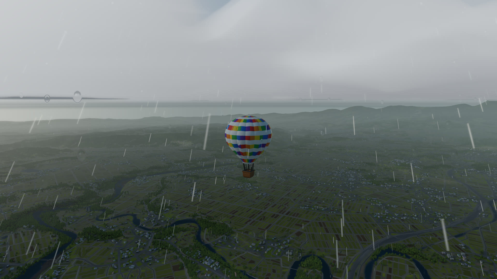 A balloon over a hazy town on a rainy afternoon